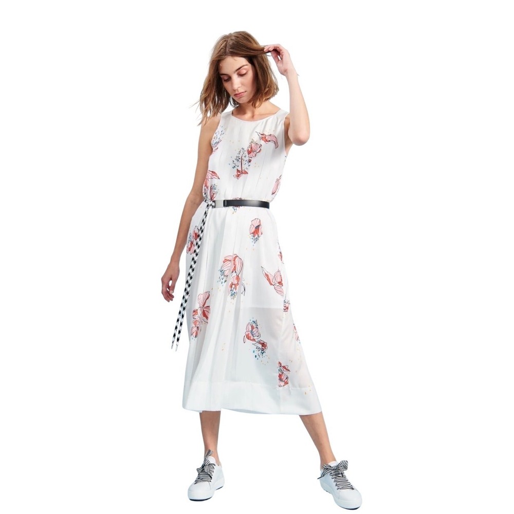 Cop Copine Womens White Pink Floral Pleated Sleeveless Midi Dress Round Neck‎